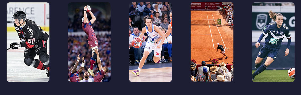4 images de sportifs sur fond bleu : hockey sur glace, rugby, basket-ball, tennis, football
